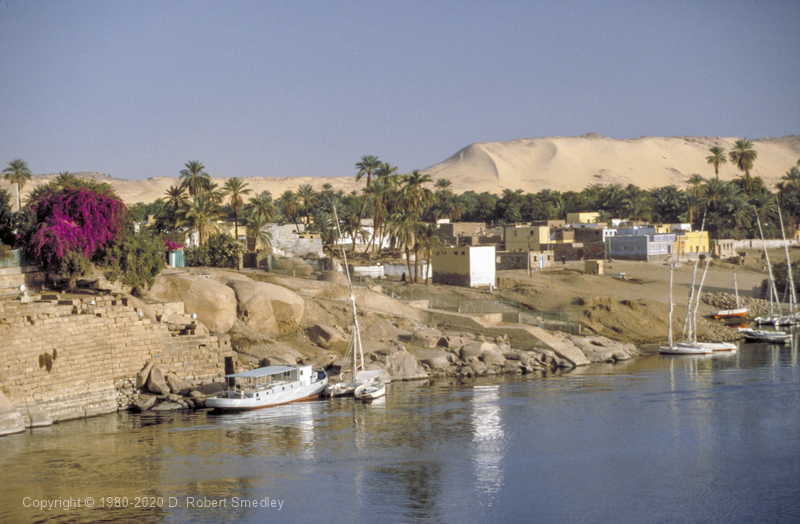 View from Old Cataract Hotel of Elephantine Island with the Nileometer just on the left edge of the photo